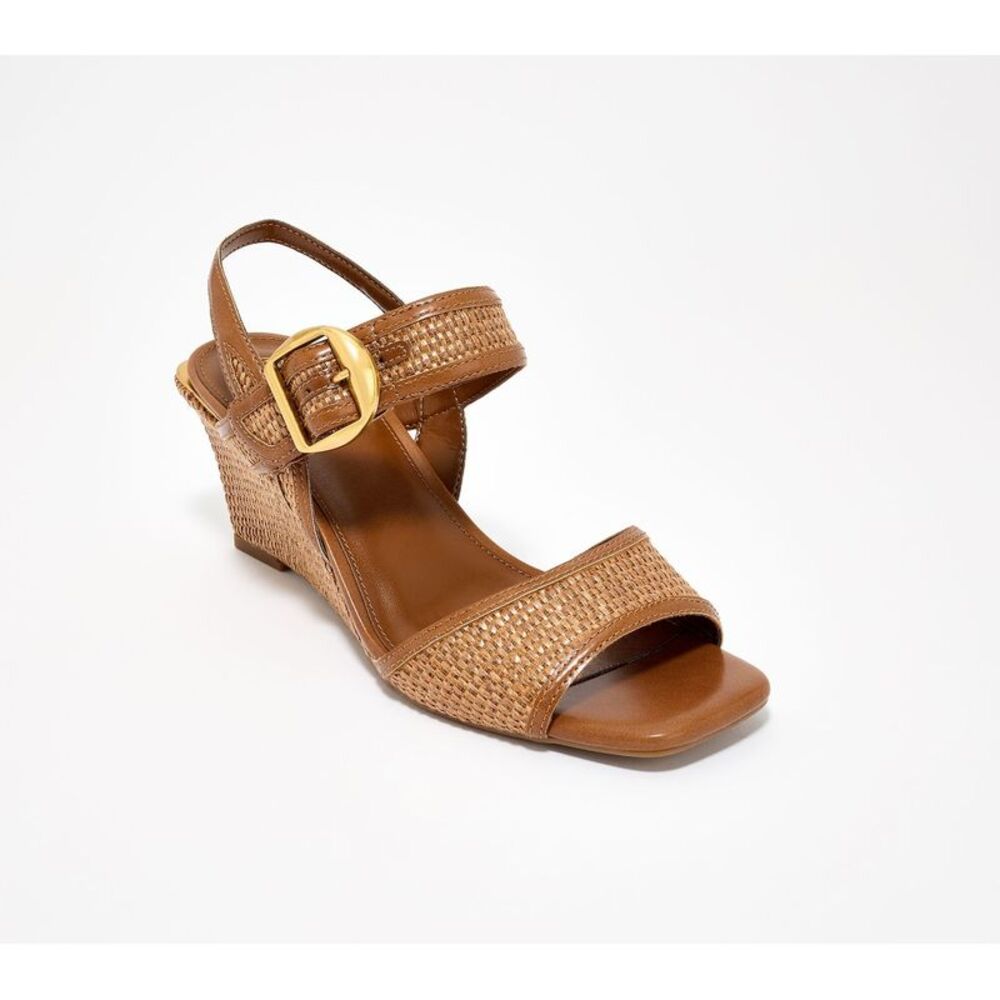 Vince Camuto Women's Sz 7 Leather Raffia Slingback Wedges Brown